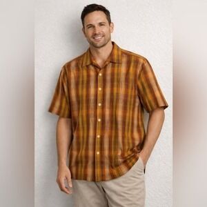 Tommy Bahama Camp Shirt Mens Medium Orange Plaid Hawaiian Silk Cotton